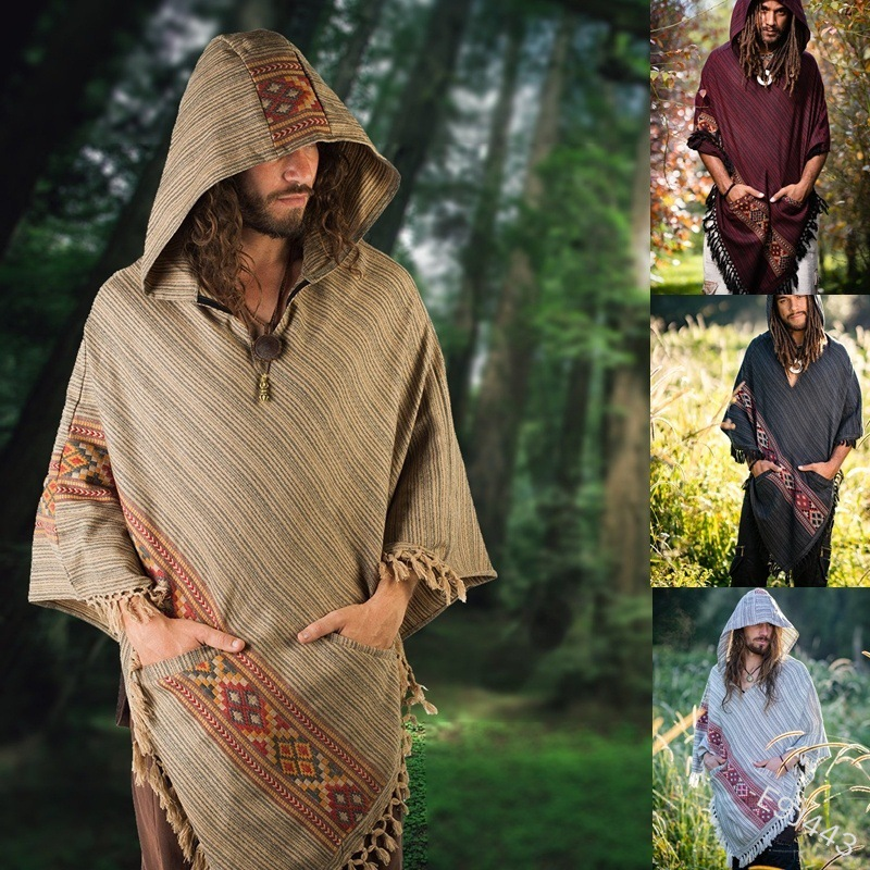 Hooded Cloak Shawl Ethnic Style Hedging Fringed Big Shawl Male dylinoshop