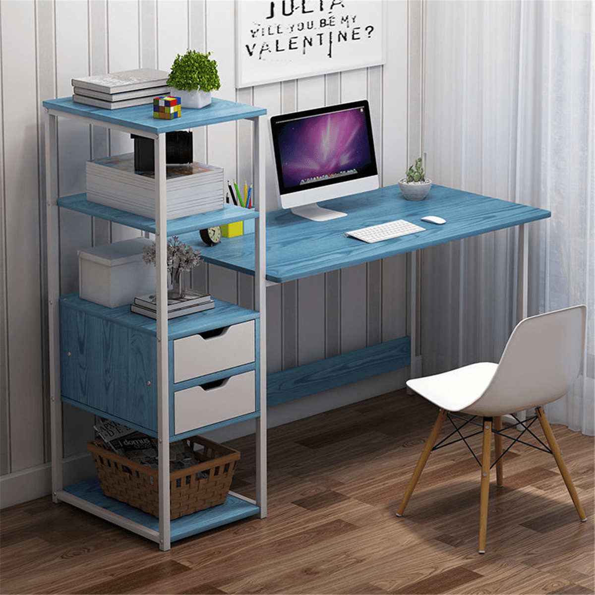 Computer Laptop Desk 47 Inch Writing Study Table Bookshelf Desktop Multifunction Desktop Workstation with Storage Racks & 2 Drawers Home Office Furniture MRSLM