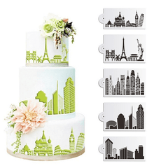 5Pcs/Set Plastic Civic Architecture Stencils Fondant Cake Mold Cookie Baking Mould Decorating Tool MRSLM