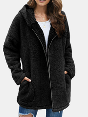 Women Fluffy Solid Full Zipper Hood Side Pocket Long Sleeve Warm Casual Hooded Sweatshirts dylinoshop