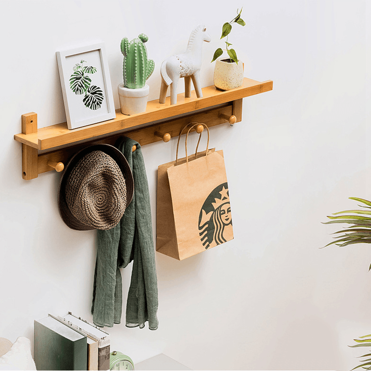 3/4/5/6 Hook Rack Wall Mount Hanger Key Coat Hat Holder Wooden Bamboo Organiser MRSLM