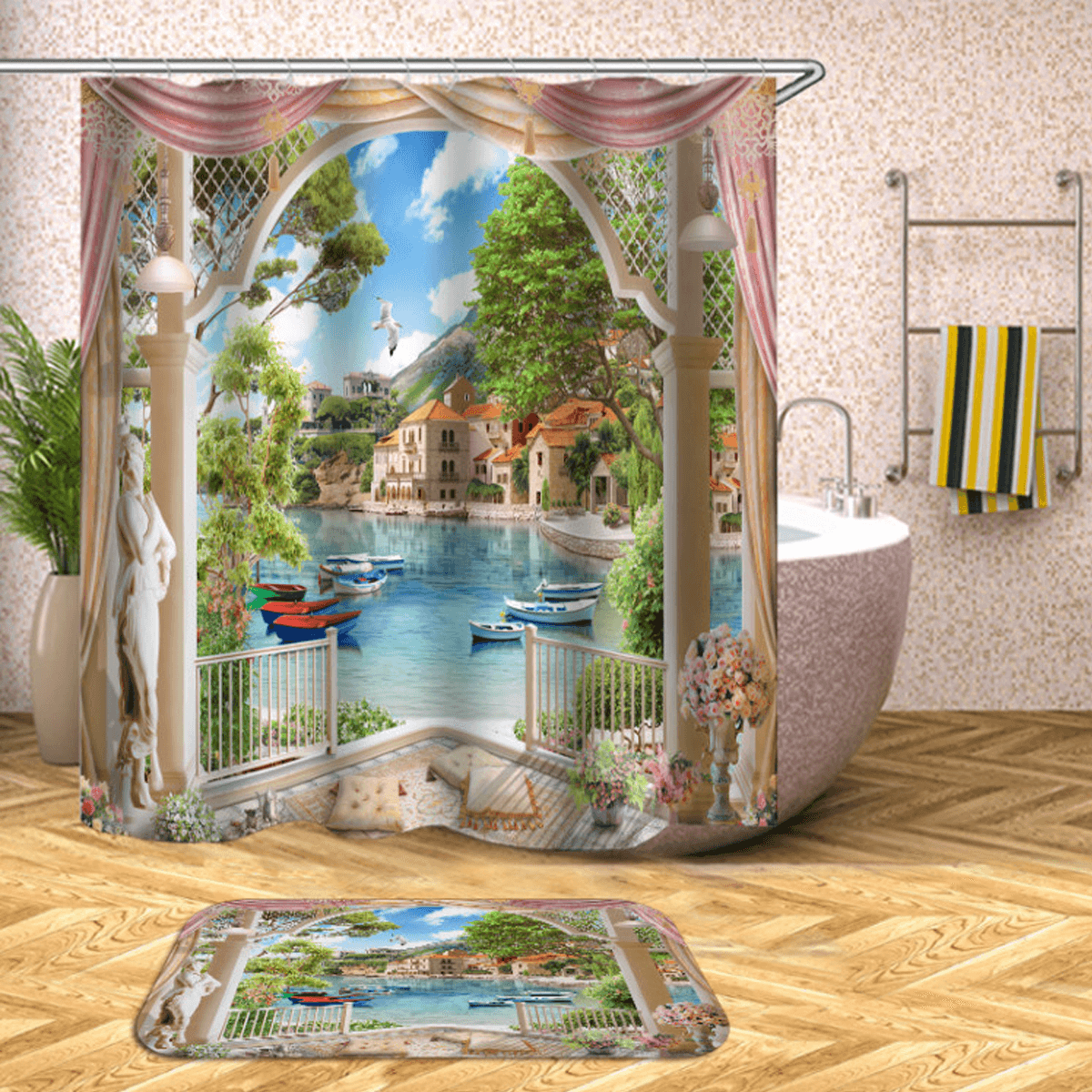 1/3Pcs Bathroom Shower Curtain Mediterranean Sea Printing Set Toilet Cover Mat dylinoshop