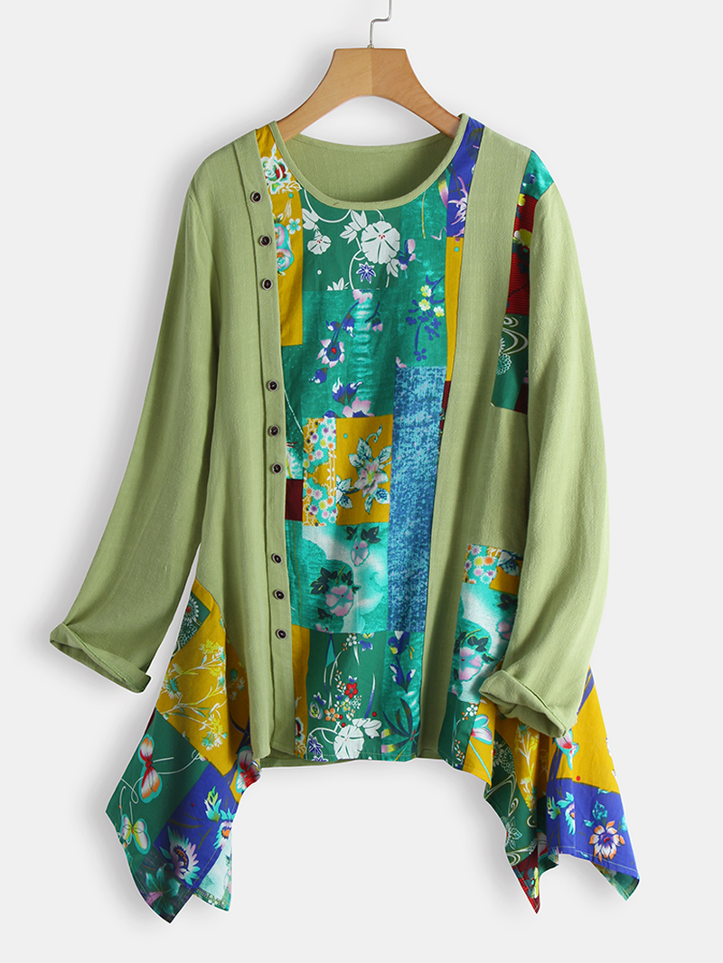 Floral Print Irregular Hem Patchwork Long Sleeve O-Neck Blouse dylinoshop