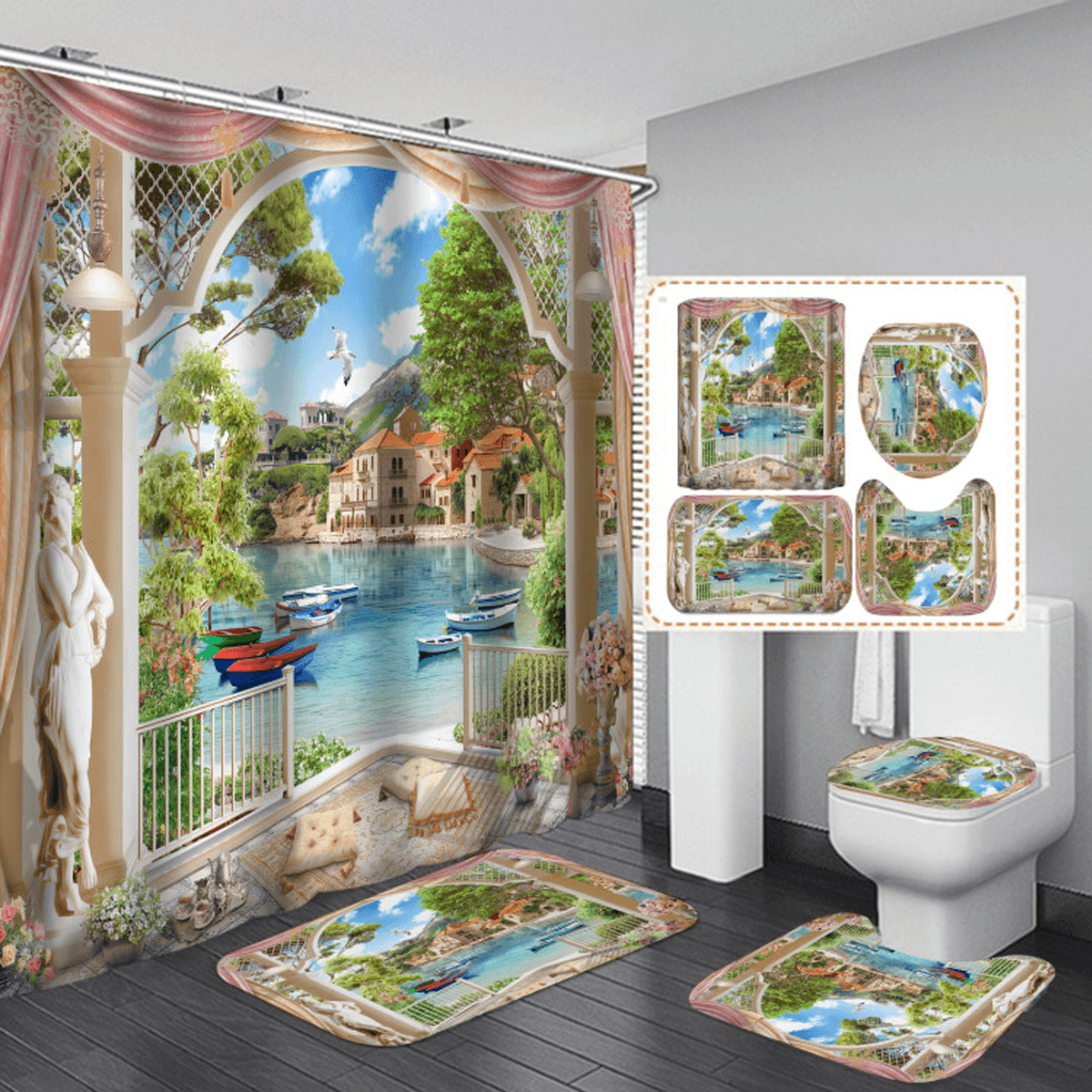 1/3Pcs Bathroom Shower Curtain Mediterranean Sea Printing Set Toilet Cover Mat dylinoshop