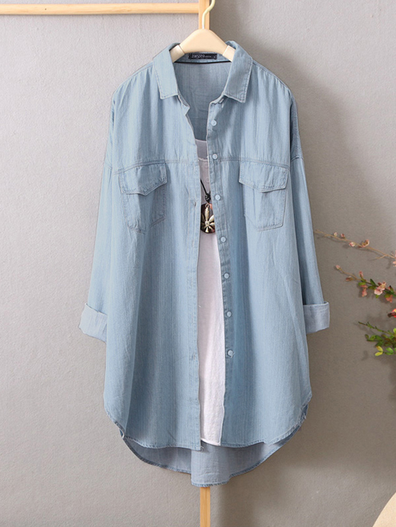 Women Long Sleeve Button down Shirts Casual Loose Denim Blouse dylinoshop