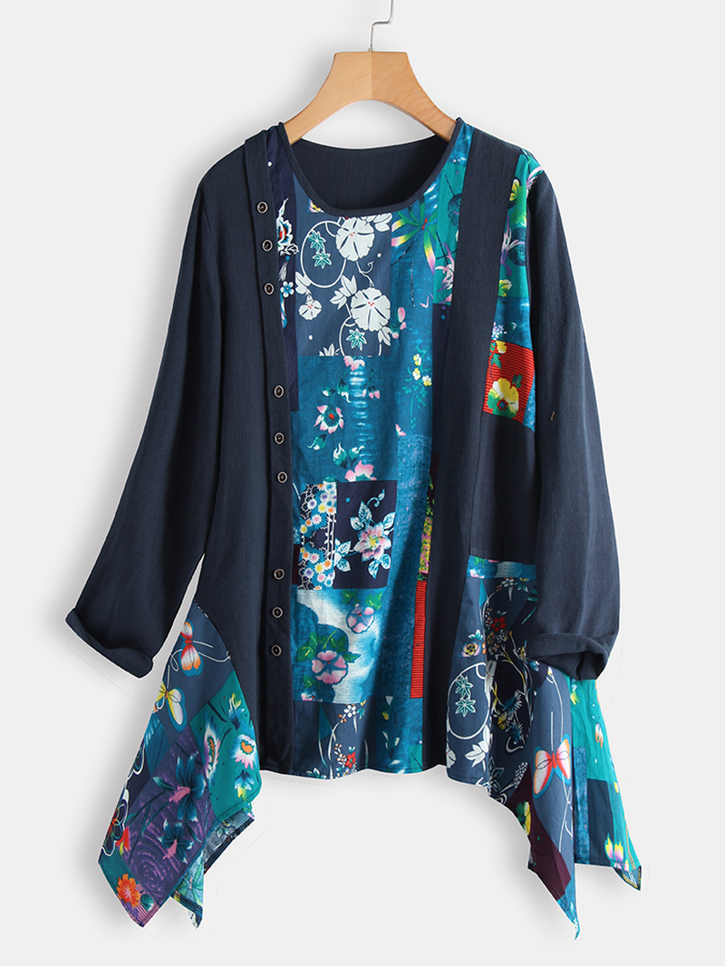 Floral Print Irregular Hem Patchwork Long Sleeve O-Neck Blouse dylinoshop