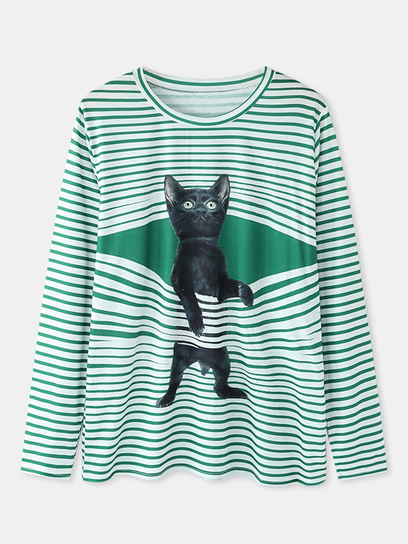 Women Cute Cartoon Cat Stripe Print round Neck Casual Long Sleeve Sweatshirts dylinoshop