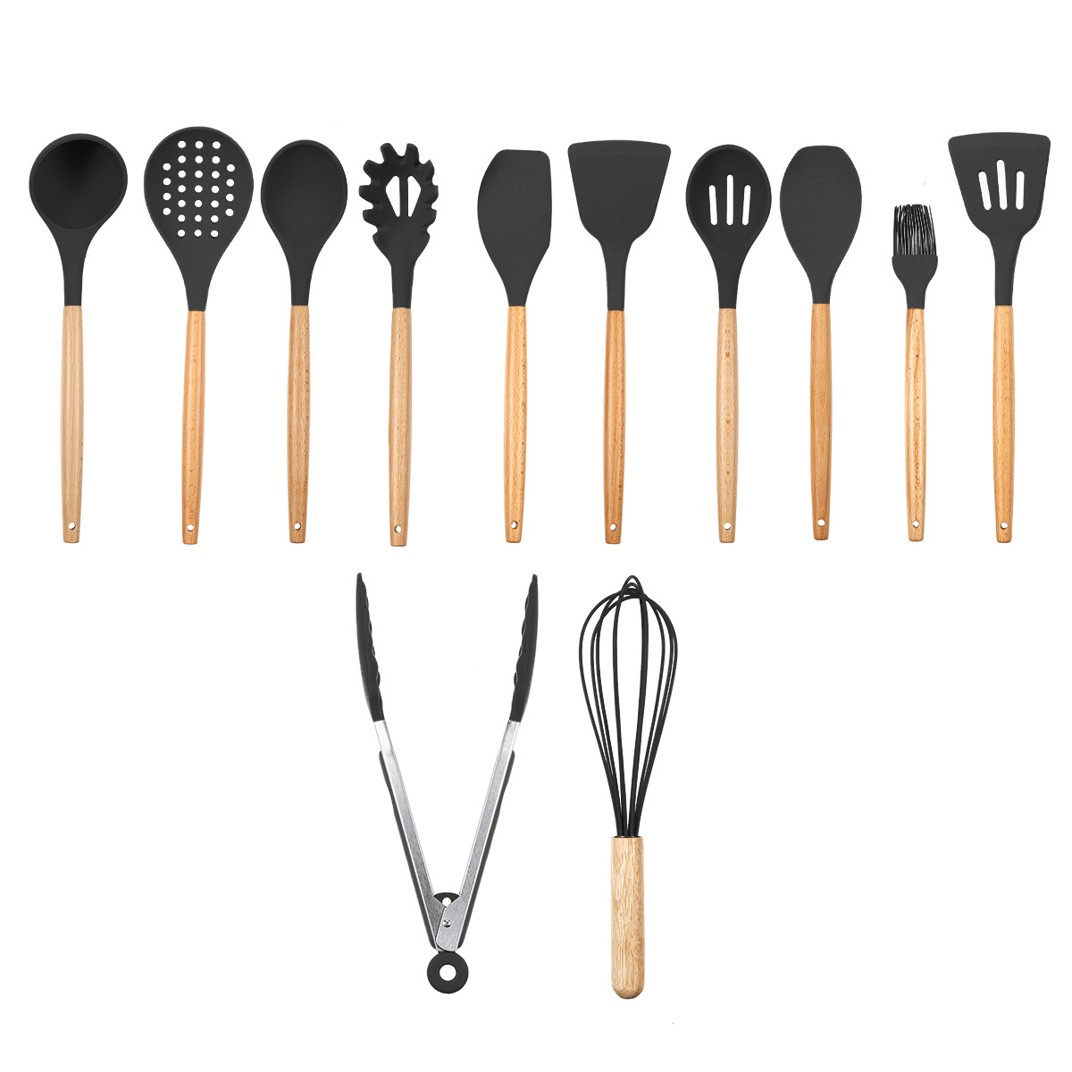 12Pcs Wooden Silicone Kitchen Utensil Nonstick Cooking Tool Spoon Soup Ladle Turner Spatula Tong Cookware Baking Gadget dylinoshop