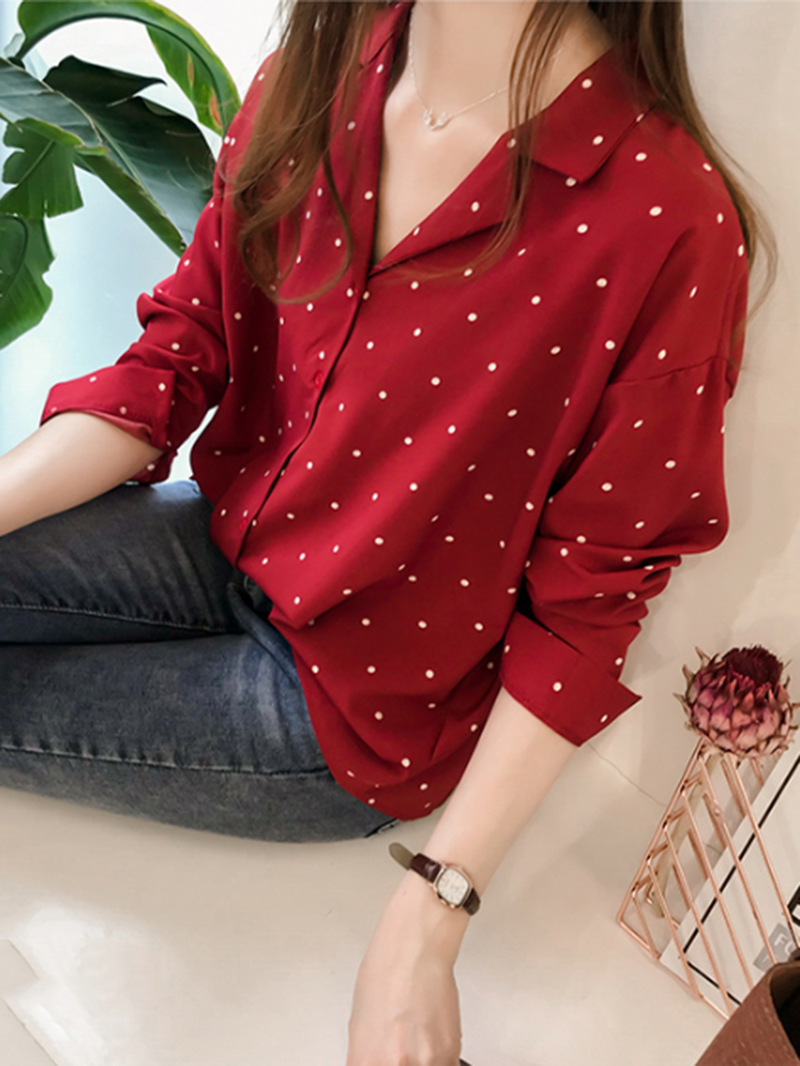 Polka Dot Print V-Neck Long Sleeve Casual Blouse dylinoshop