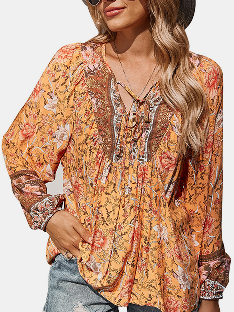 Women Vintage Floral Print V-Neck Holiday Long Sleeve Blouse dylinoshop