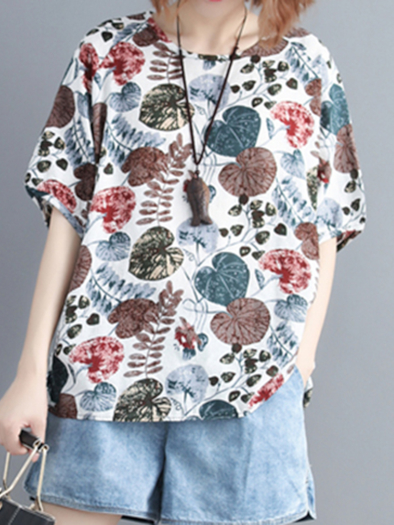 Women Plant Leaf Print round Neck Casual Relaxed Half Sleeve Blouses dylinoshop