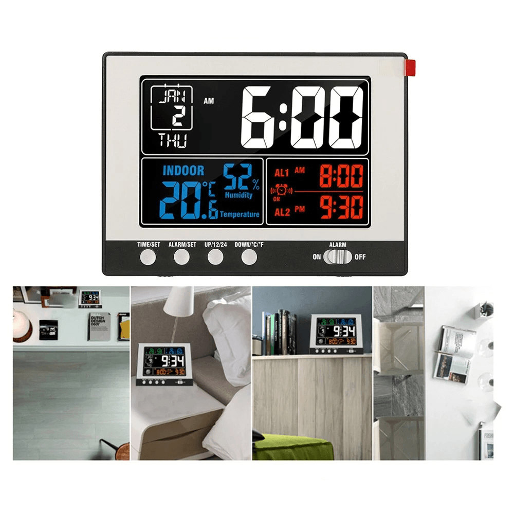 Digital Multifunctional Weather Station Alarm Clock Indoor Thermometer Hygrometer Monitor Large Color Display Clock with Perpetual Calendar Snooze Function MRSLM