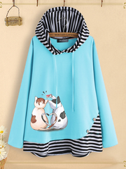 Stripe Patchwork Cartoon Cat Print Button Hoodie Sweatshirt dylinoshop