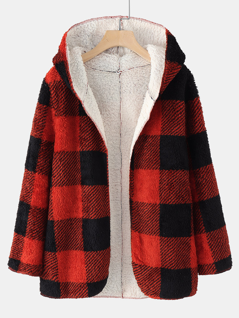 Women Plaid Fleece Hood Long Sleeve Warm Casual Hooded Sweatshirt dylinoshop