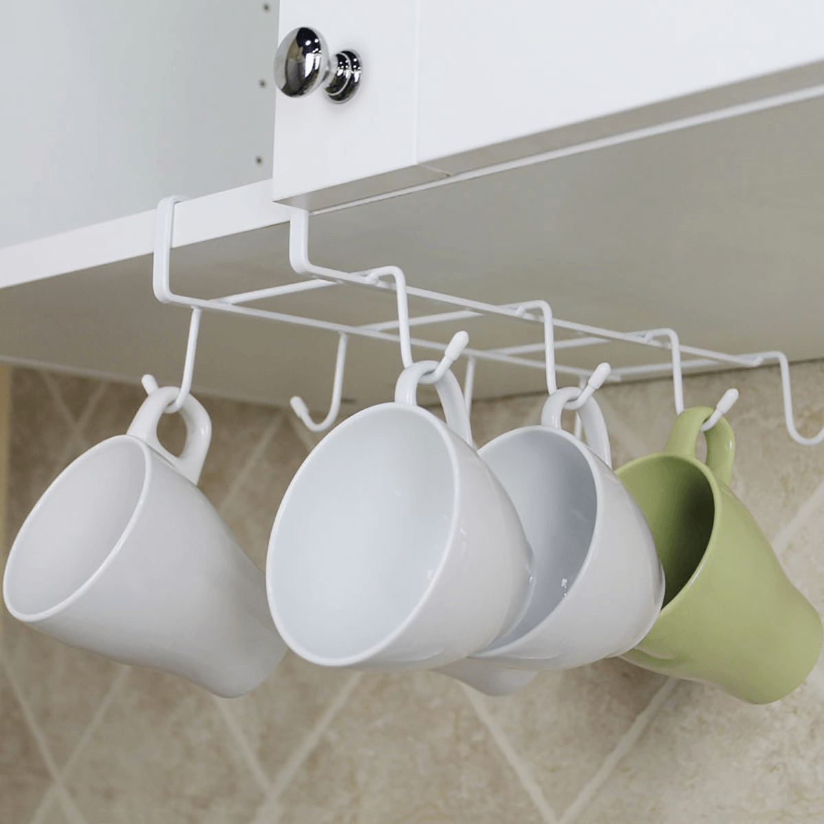 8 Hooks Cup Holder Hang Kitchen Cabinet under Shelf Storage Rack Organizer Hook - White MRSLM