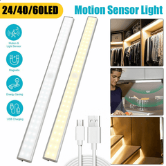 24/40/60LED Motion Sensor Closet Lights Wireless USB Rechargeable Energy Saving LED Night Light Bar Safe Lights for Closet Cabinet Wardrobe Stairs MRSLM