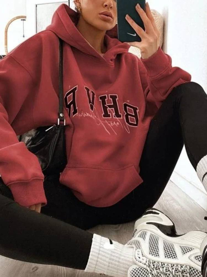 Women Letter Printing Velvets Kangaroo Pocket Cross-Border Warm Long-Sleeved Hooded Sweater dylinoshop