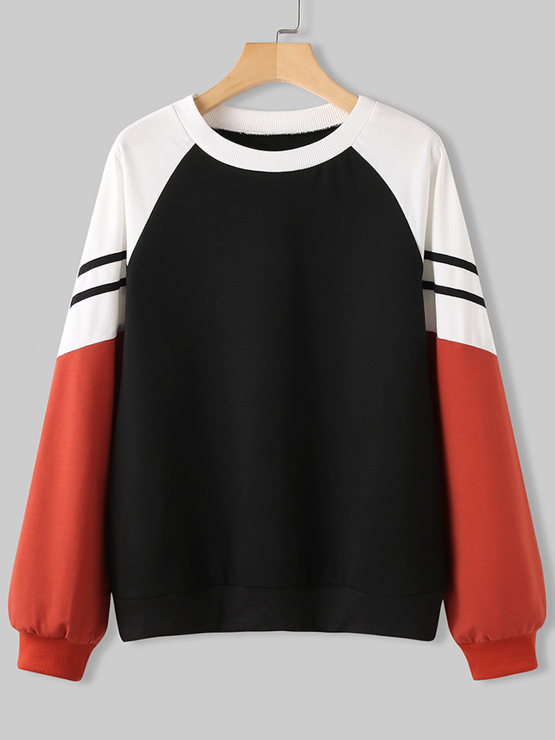 Women Contrasting Colors High Neck Long Raglan Sleeves Pullover Sweatshirts dylinoshop