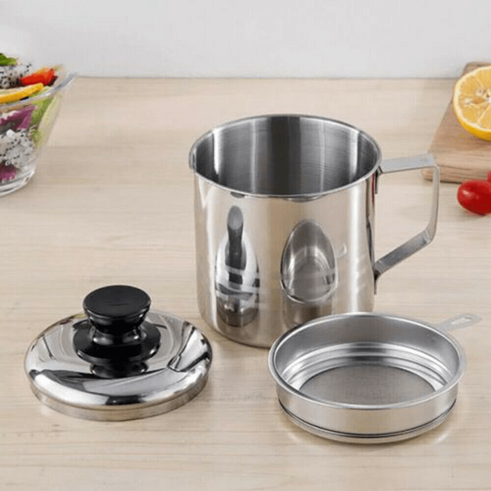 1.3L / 1.8L Stainless Steel Oil Filter Dripping Container Grease Strainer Pot Oil Strainer Kitchen Restaurant Oil Dispenser dylinoshop