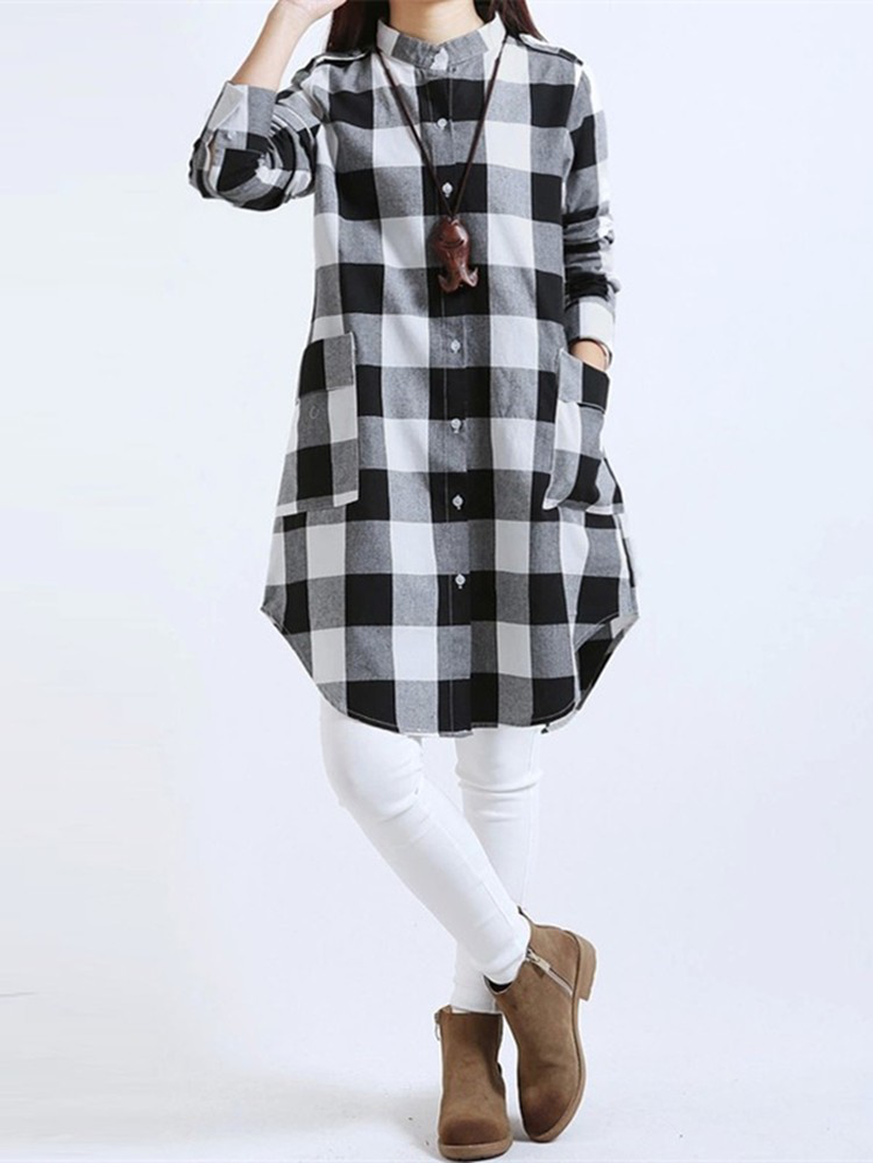 Women Casual Long Sleeve Plaid Loose Pocket Button Long Blouses dylinoshop