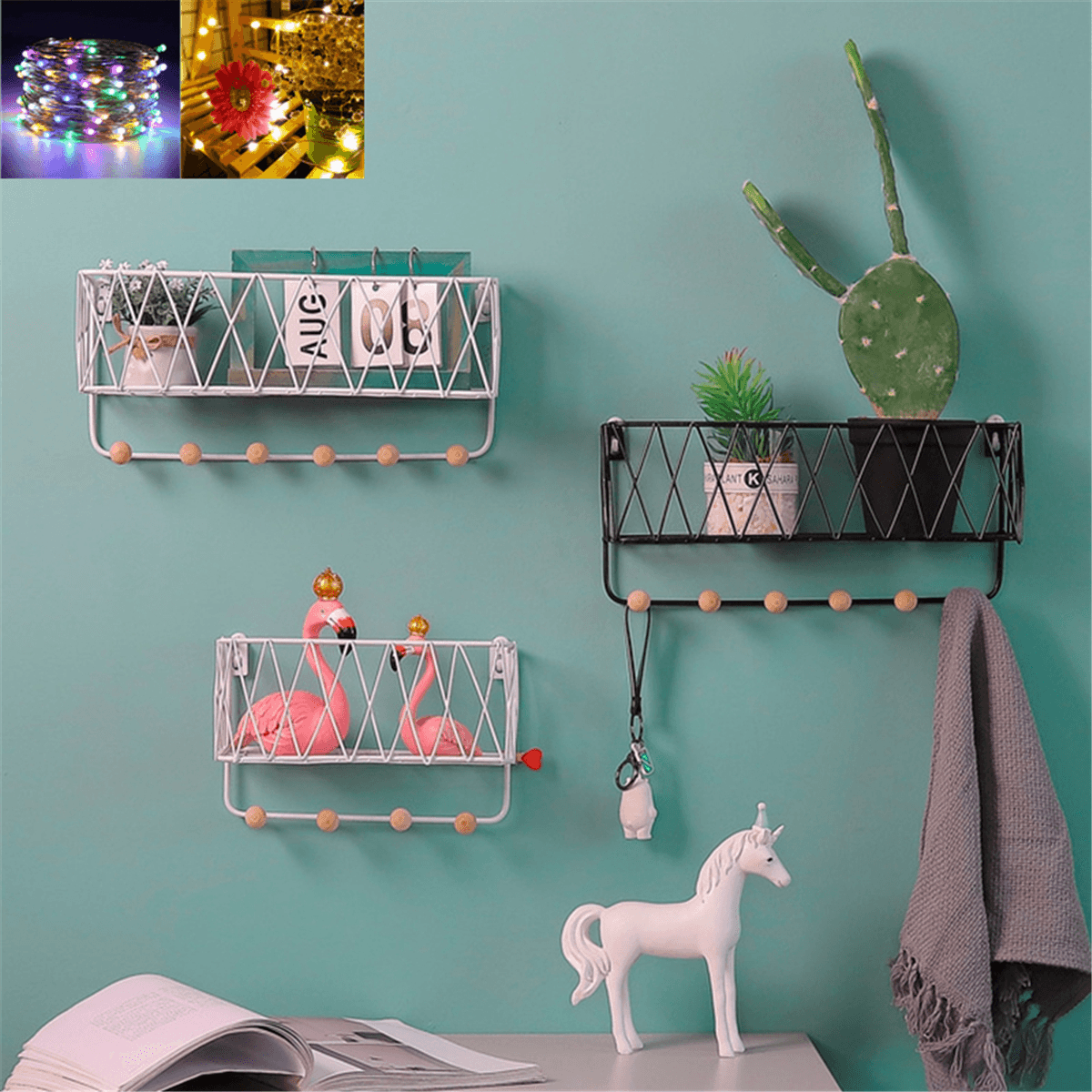 Iron Rack Wooden Wall Hanging Shelf Holder Books Pot Plant Storage +Hooks MRSLM