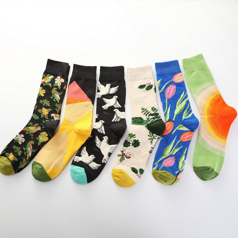 Men Dove Tulips Birds and Flowers Illustration Fashion Socks dylinoshop