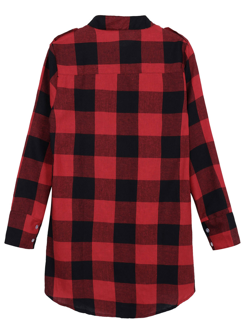 Women Casual Long Sleeve Plaid Loose Pocket Button Long Blouses dylinoshop