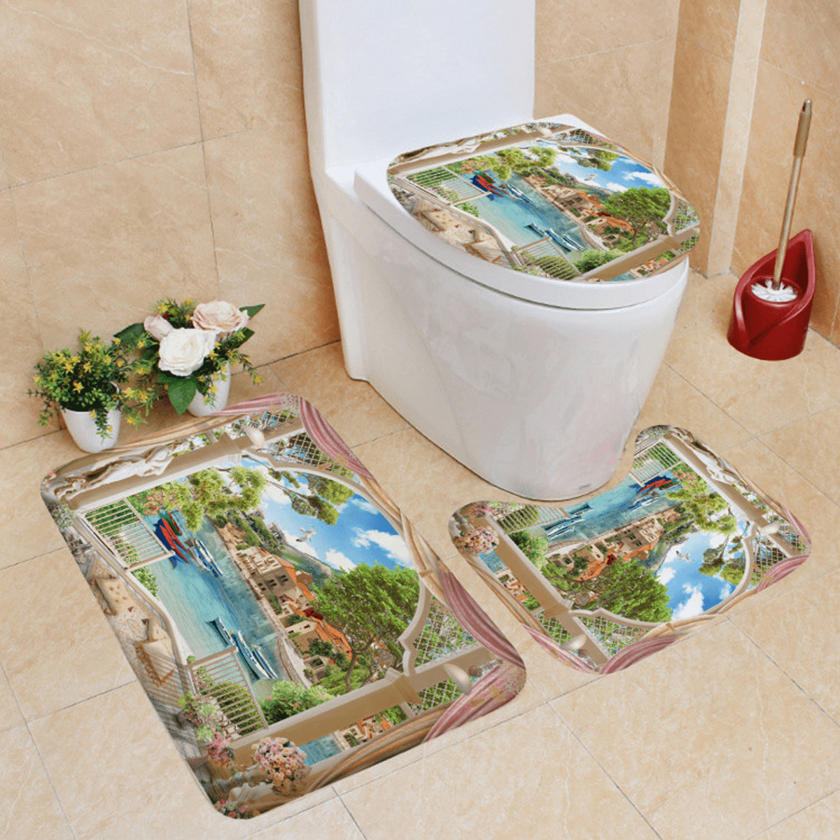 1/3Pcs Bathroom Shower Curtain Mediterranean Sea Printing Set Toilet Cover Mat dylinoshop