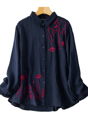 Women Puff Sleeve Flowers Printed Embroidery Button Stand Collar Shirt dylinoshop