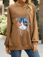 Women Cat Print Solid Color round Neck Casual Loose Pullover Sweatshirt dylinoshop