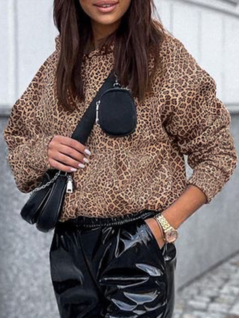 Women Leopard Printed Front Pocket Full Sleeve Hooded Collar Casual Sweatshirt dylinoshop