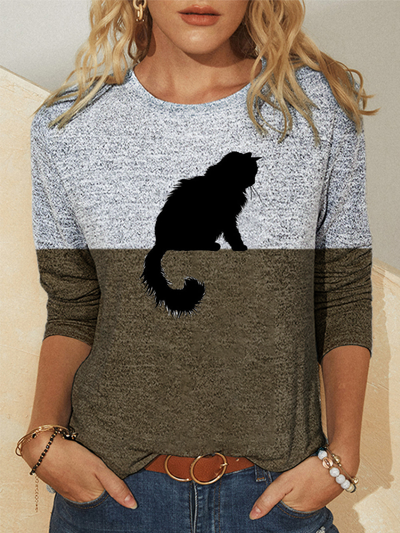 Women Cute Cat Print Colorblock Long Sleeve Casual Blouses dylinoshop