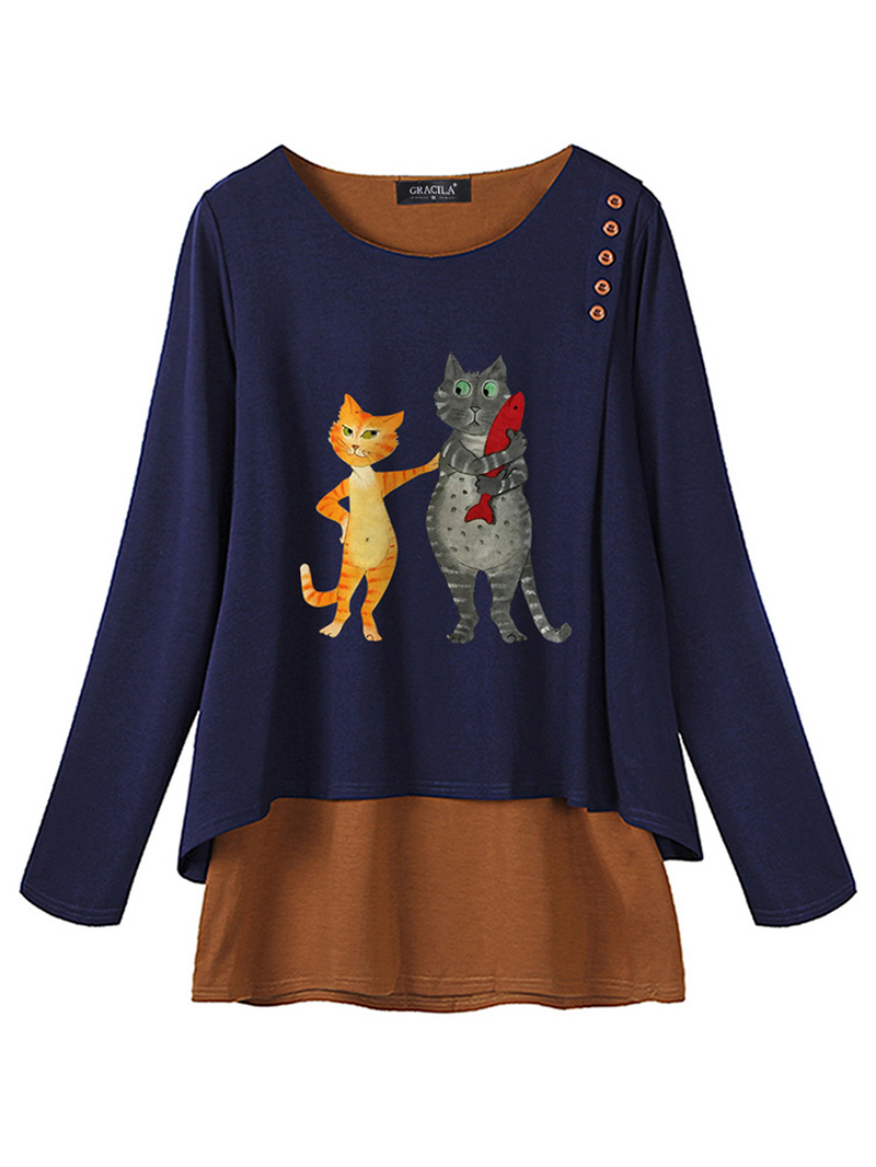 Women Casual Print Cat Long Sleeve Blouse dylinoshop