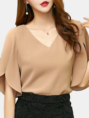 Short Sleeves V-Neck Solid Color Chiffon Casual Blouse for Women dylinoshop