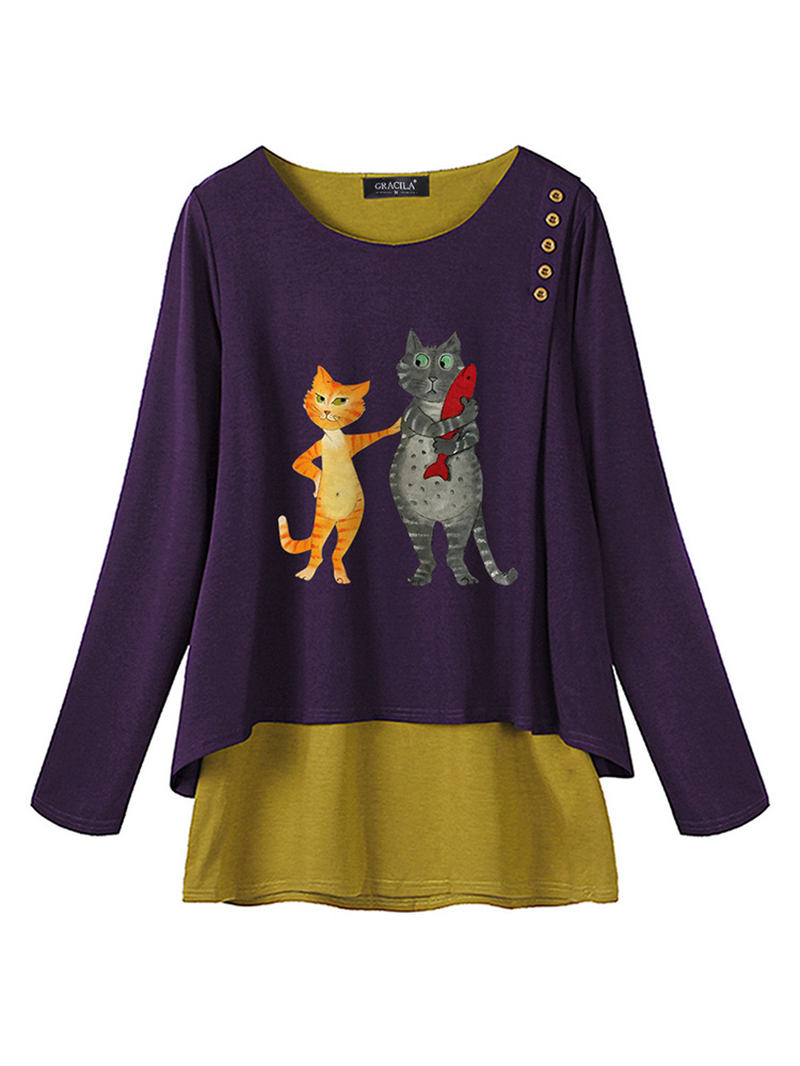 Women Casual Print Cat Long Sleeve Blouse dylinoshop