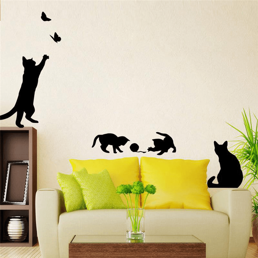 Cat Play Butterflies Wall Sticker Removable Decoration Decals for Bedroom Kitchen Living Room Walls MRSLM