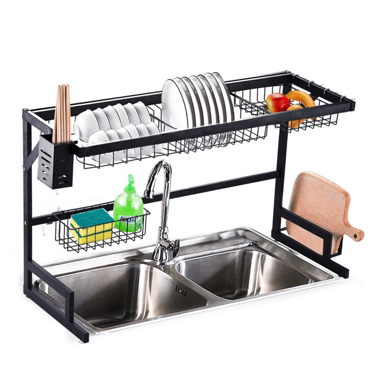 2 Tier Dish Drainer over Double Sink Drying Rack Draining Tray Fruit Plate Bowl Kitchen Storage Rack dylinoshop