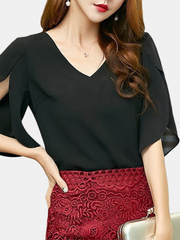 Short Sleeves V-Neck Solid Color Chiffon Casual Blouse for Women dylinoshop