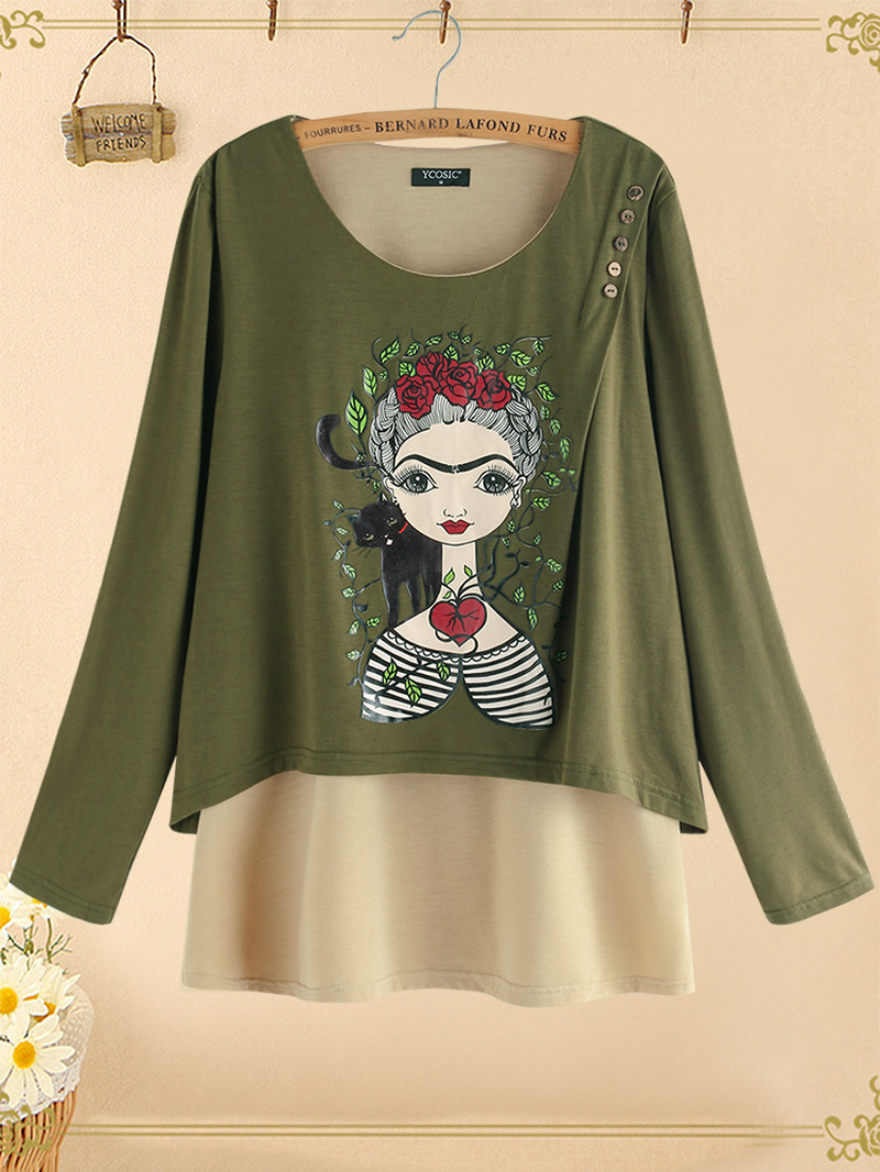 Print Girl Button Long Sleeve Vintage Blouse dylinoshop