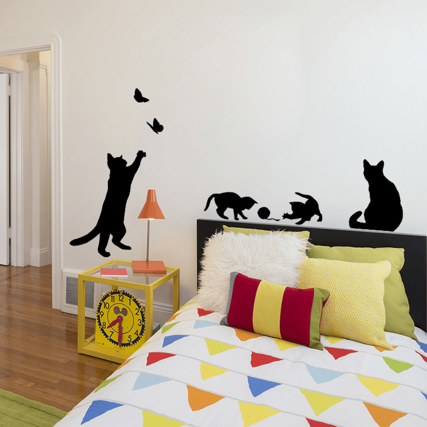 Cat Play Butterflies Wall Sticker Removable Decoration Decals for Bedroom Kitchen Living Room Walls MRSLM