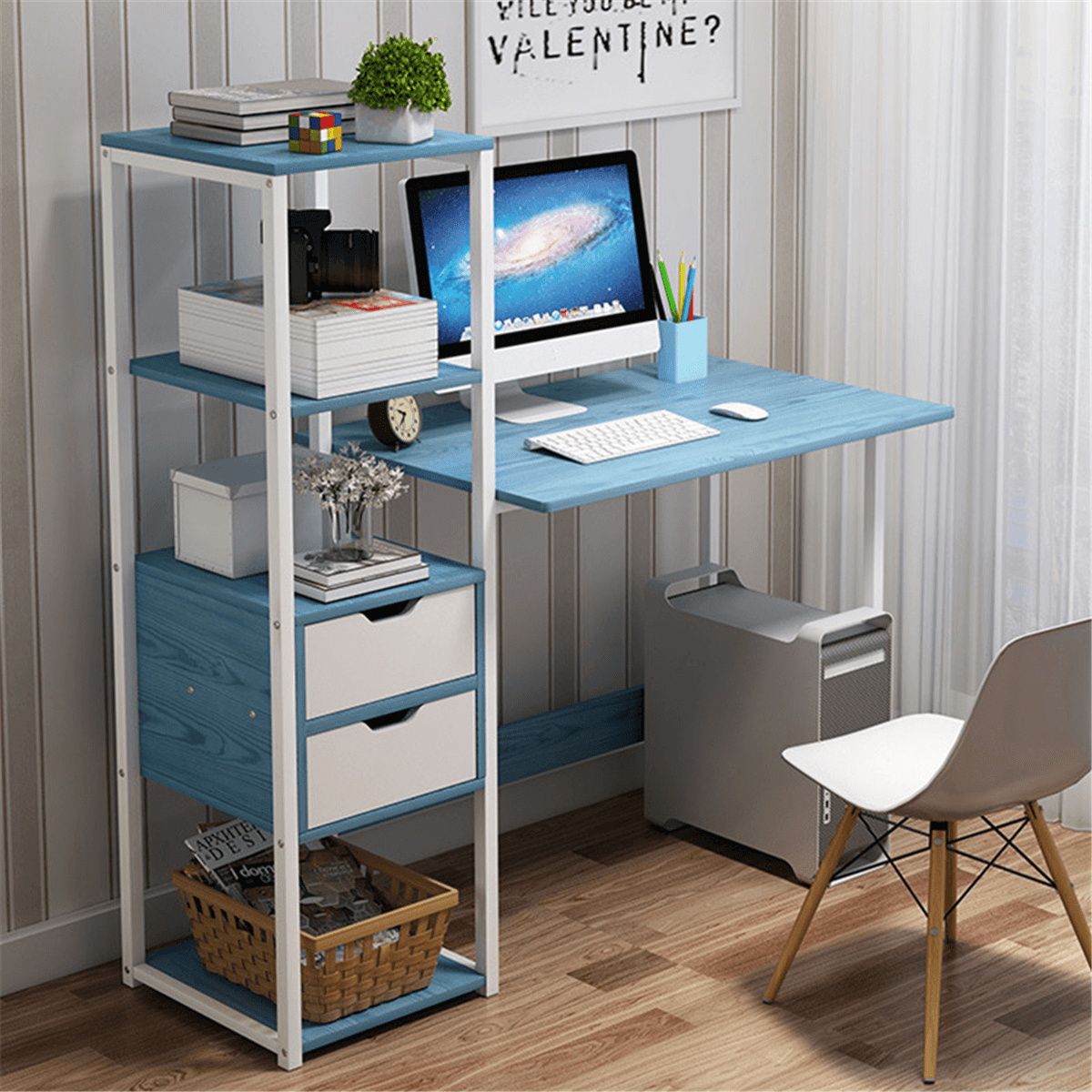 Computer Laptop Desk 47 Inch Writing Study Table Bookshelf Desktop Multifunction Desktop Workstation with Storage Racks & 2 Drawers Home Office Furniture MRSLM