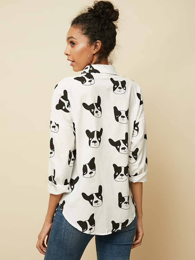 Cartoon Dog Animal Print Button down Long Sleeve Irregular Hem Casual Blouse for Women dylinoshop