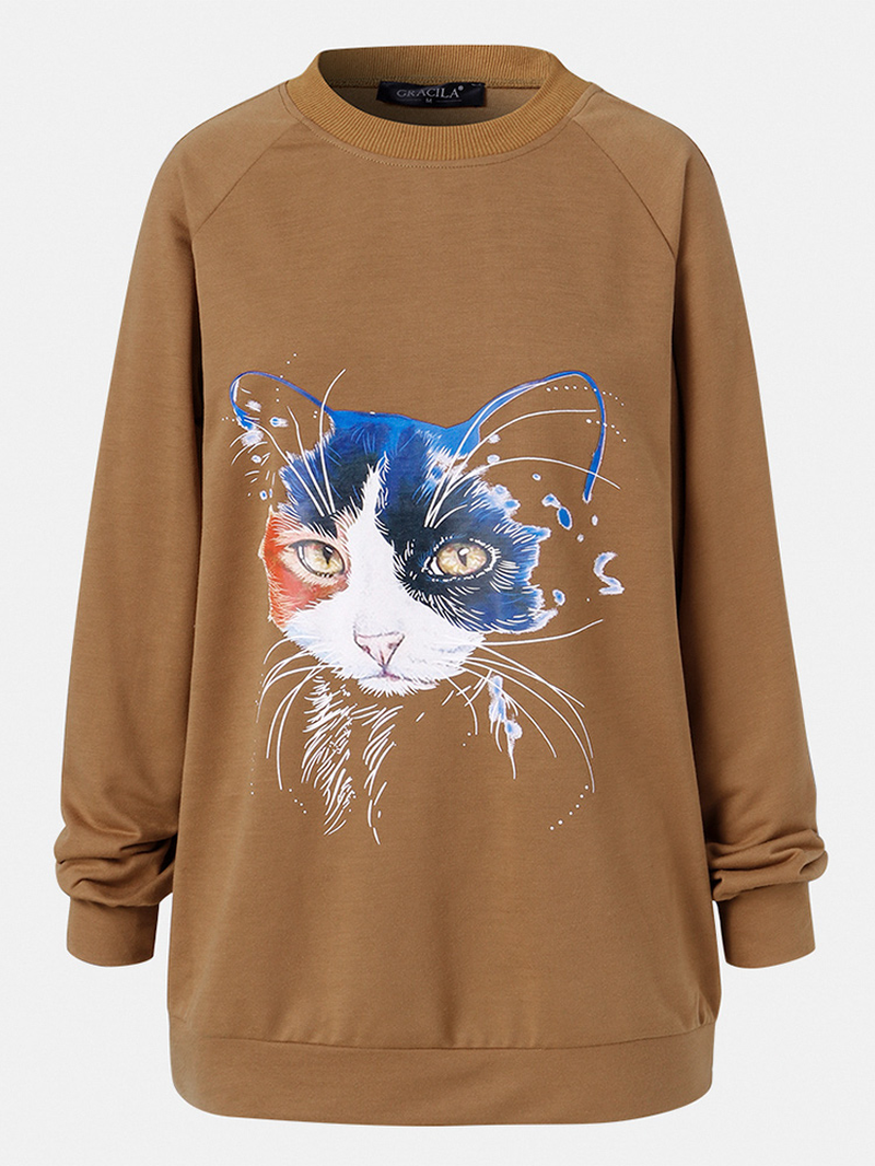 Women Cat Print Solid Color round Neck Casual Loose Pullover Sweatshirt dylinoshop