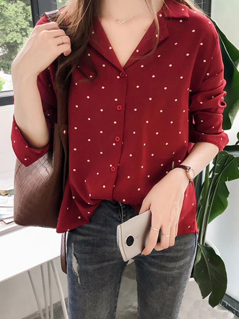 Polka Dot Print V-Neck Long Sleeve Casual Blouse dylinoshop