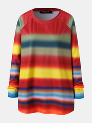 Women Multi Color Ombre Striped O-Neck Raglan Sleeve Casual Sweatshirts dylinoshop