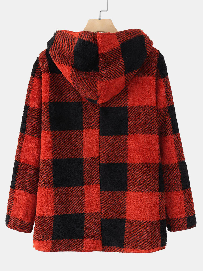 Women Plaid Fleece Hood Long Sleeve Warm Casual Hooded Sweatshirt dylinoshop