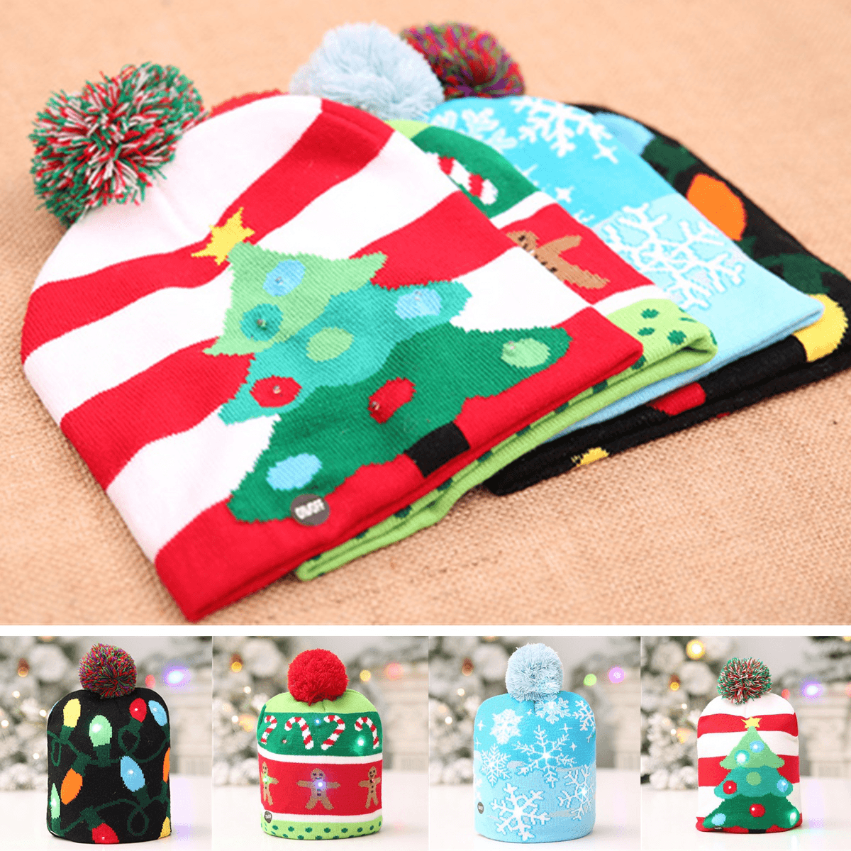 Christmas LED Light Winter Warm Beanie Cap Santa Claus Snowflake Knitted Hat MRSLM