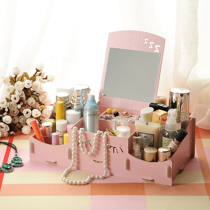 Creative Diy Wooden Cosmetic Storage Box Desktop Storage Container with Mirror Desktop Organizer MRSLM