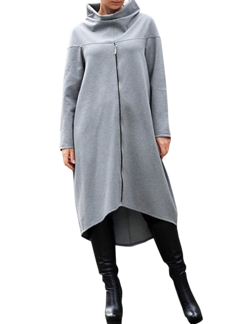 Women Long Sleeve High Neck Loose Hoodies Solid Color Dresses dylinoshop