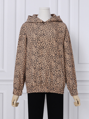 Women Leopard Printed Front Pocket Full Sleeve Hooded Collar Casual Sweatshirt dylinoshop